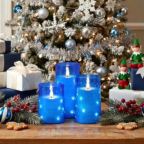 Vista 6 de Homemory Velas sin llama con cadena de estrellas incrustadas, velas que funcionan con pilas, velas LED, velas falsas con control remoto y Azul