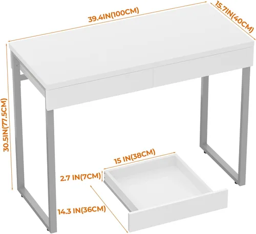 Vista 2 de GreenForest Escritorio de tocador con 2 cajones, escritorio blanco brillante para dormitorio, mesa de maquillaje con espacio de almacenamiento