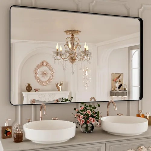 Vista 91 de Espejo de baño LED de 48 x 40 pulgadas con luces, retroiluminado y frontal iluminado para pared, espejo de tocador LED inastillable con memoria