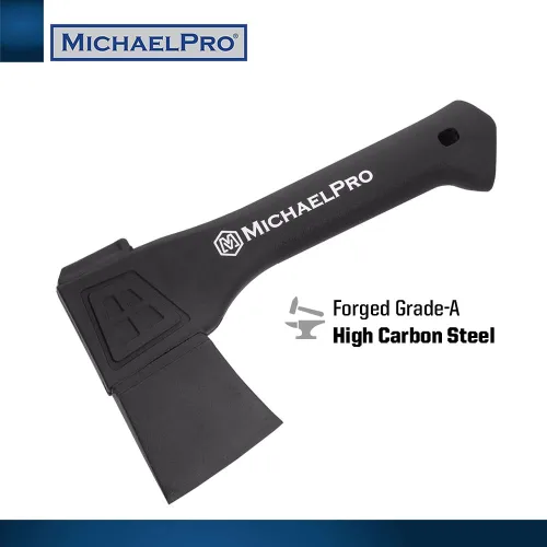 Vista 4 de MichaelPro MP004009 - Hacha de campamento de 9 pulgadas con mango de fibra de vidrio resistente al clima y absorbente de impactos, con funda