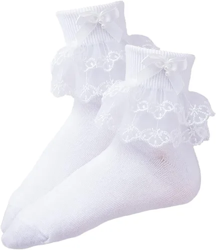 2 pares de calcetines de primera comunión con perlas de lazo blanco con volantes para bautizo, calcetines de bautismo con capas de encaje para bebé