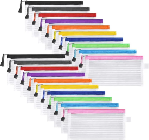 Vista 10 de Paquete de 20 bolsas de malla multicolor con cremallera, bolsas para lápices con cremallera, bolsas de viaje multiusos para cosméticos, suministros