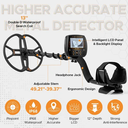Vista 2 de Detector de metales de 13 pulgadas para adultos profesional, buscador de oro de bobina de búsqueda impermeable doble D con puntero, modo de disco