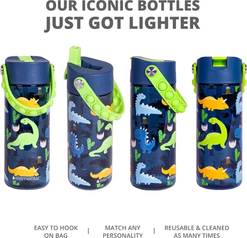 Vista 110 de Elemental Botellas de agua para niños – Botella de agua para niños Splash para la escuela con mango Pop-it – Botella de agua de plástico Tritan sin