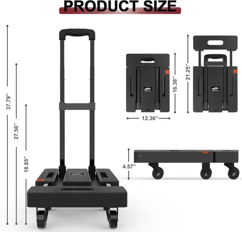 Vista 2 de SOLEJAZZ Carretilla de Mano Plegable Carrito Portátil con Ruedas Plegable 500LB Servicio Pesado Carrito de Equipaje Plegable Carretilla de Mano