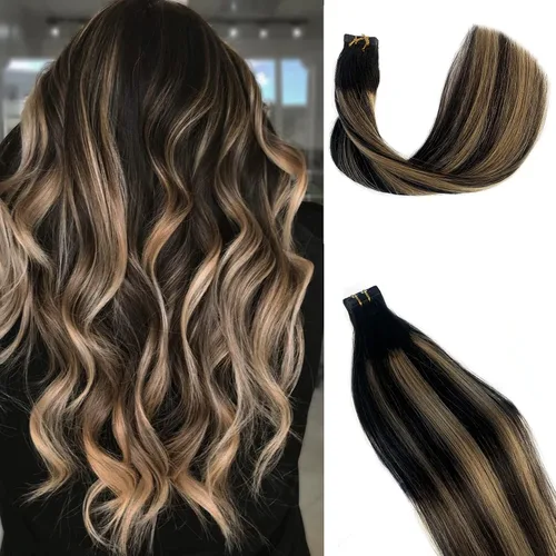 Vista 23 de Extensiones de cabello humano rubio con cinta, reflejos rubio ceniza y rubio platino, extensiones de cabello rubio platinado, cinta adhesiva