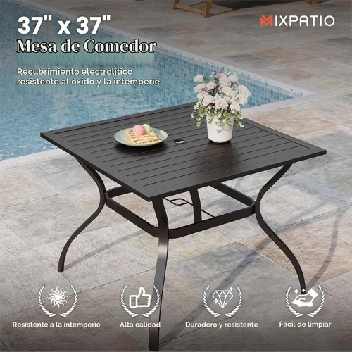 Vista 7 de MIXPATIO - Juego de comedor de patio de 5 piezas, mesa cuadrada de metal de 37 pulgadas, 4 sillas de textileno Azul