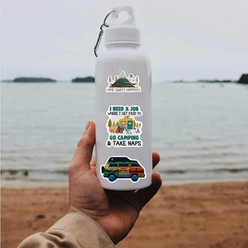 Vista 8 de Calcomanías para botella de agua para senderismo, aventura, campamento, 50 unidades, vinilo estético, impermeable, decorativo, equipaje