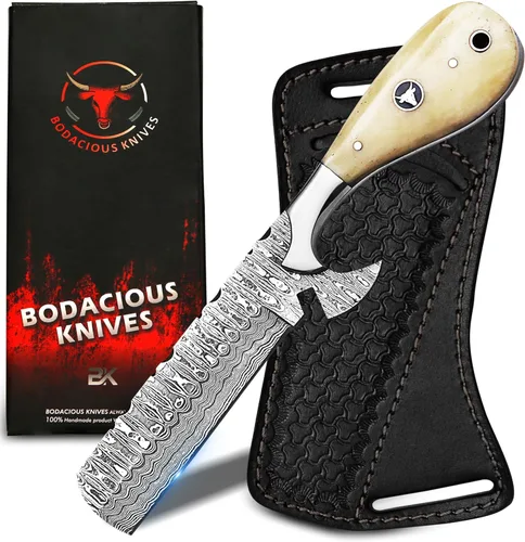 Cuchillo cortador de toros de Damasco hecho a mano de 8 pulgadas con funda de cuero, cuchillo vaquero occidental para caza, desollar, acampar y