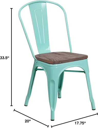 Vista 2 de EMMA + OLIVER Silla apilable de metal verde menta con asiento de madera