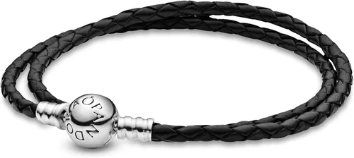 PANDORA Pulsera de plata de ley con colgante de cuero negro