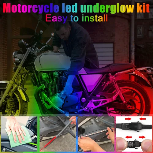 Vista 6 de 10 piezas de kit de luces LED de bajo de motocicleta, tiras de luces LED RGB, kit de luces LED de bajo de motocicleta con control de APP para Harley