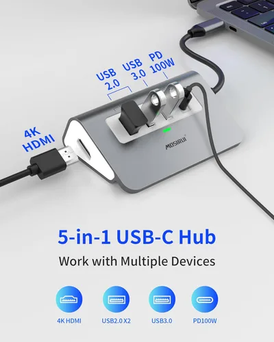Vista 3 de USB C Hub, Adaptador Multipuerto 5 en 1 USB C a 4K HDMI Hub con USB 3.0/2.0, 100W PD, Estación de Acoplamiento Tipo C