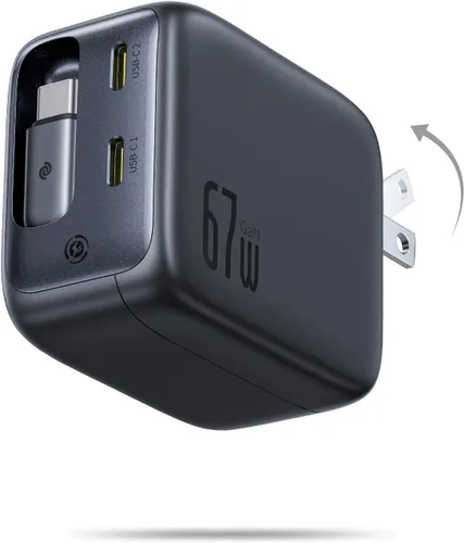 Vista 7 de Baseus Enercore - Cargador USB C de 100 W con cable incorporado retráctil, enchufe plegable de 3 puertos PD adaptador de pared de carga rápida