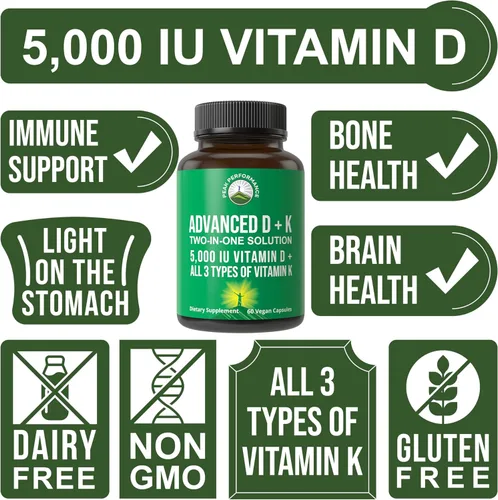 Vista 3 de Peak Performance Vitamina D avanzada de 5000 UI con los 3 tipos de vitamina K, vitamina D3 y vitamina K2, K1, MK-7 (MK7), suplemento MK4. 60