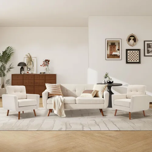 Vista 7 de Tbfit Sofá individual de tela de lino, silla de acento, sillón moderno de mediados de siglo para sala de estar, dormitorio, tapizado con botones