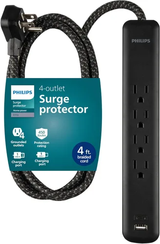 Philips Protector de sobretensiones de 4 tomas, cable trenzado de 4 pies, 1 USB-C, 1 USB-A, cable de extensión, tira de alimentación, para el hogar,