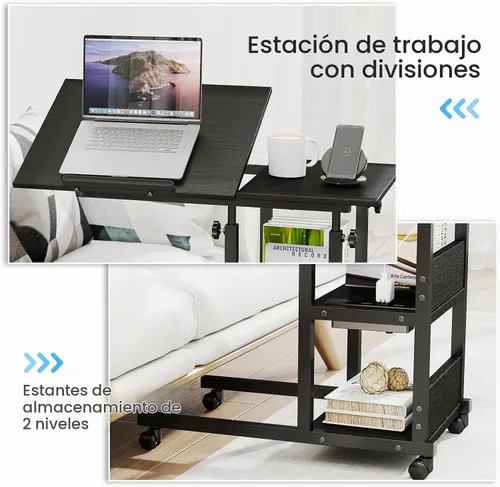 Vista 7 de Hadulcet Mesa C Ajustable con Estación de Carga, Escritorio Inclinable Mesa Auxiliar en Forma de C para Sofá, Soporte sobre Cama con Ruedas de Negro