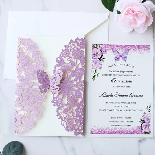 Vista 17 de Hosmsua 20 tarjetas de invitación de boda de champán con sobres de 5.12 x 7.3 pulgadas, cortadas con láser, mariposa, encaje, invitación para boda