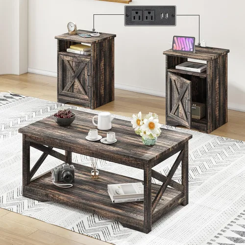 Vista 10 de AMERLIFE Juego de mesa de 3 piezas estilo granja incluye mesa de centro y dos mesas auxiliares, mesa lateral con estación de carga y puertos USB