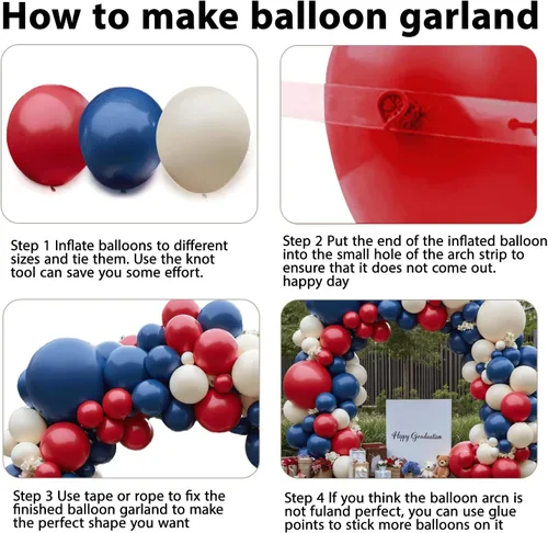 Vista 3 de Kit de arco de globos rojos, blancos y azules, doble relleno, rojo rubí oscuro, azul marino, marfil, blanco, guirnalda de globos para béisbol