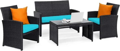Vista 20 de Tangkula Juego de muebles de mimbre para patio de 4 piezas, juego de sofá y mesa Patiojoy con 4 asientos, juego de sofá de ratán al aire libre