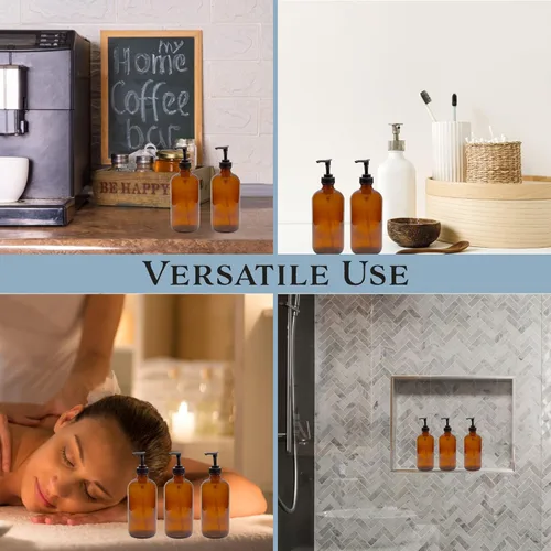 Vista 4 de Cornucopia Brands Botellas de bomba de vidrio de 8 onzas (paquete de 4, marrón ámbar) dispensadores de jabón con bombas de plástico negro