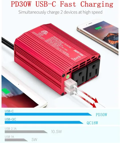 Vista 3 de BESTEK Inversor de Potencia de 300W - Convertidor de DC 12V a 110V AC, Adaptador de Cargador Rápido para Automóvil con USB-C de 30W/Carga Rápida