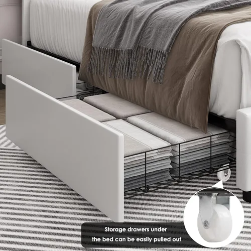 Vista 4 de Keyluv Marco de cama tapizado moderno con 4 cajones, diseño de cabecera capitoné con botones, soporte de listones de madera maciza, fácil montaje