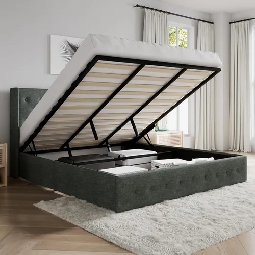 Vista 14 de SHA CERLIN Marco de cama tamaño queen con almacenamiento abatible, cabecero acolchado con botones, plataforma tapizada, almacenamiento hidráulico