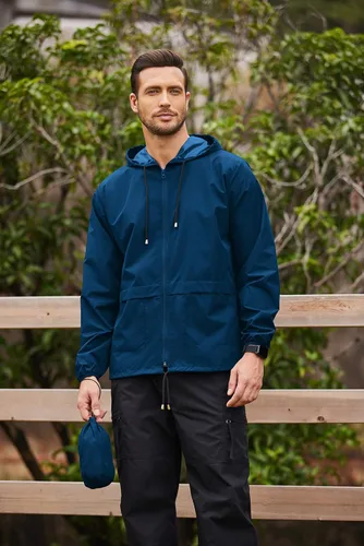 Vista 2 de COOFANDY Chaqueta impermeable para hombre, ligera, impermeable, con capucha, equipo de lluvia, viajes, senderismo, ciclismo
