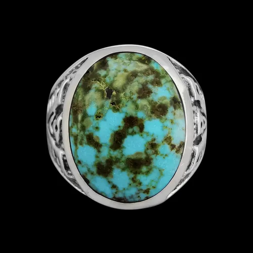 Vista 5 de Size 12-925 Sterling Silver Oval Sierra Nevada Turquoise Cabochon Ring, Southwestern Thunderbird Design, Statement High Polish Gemstone Band