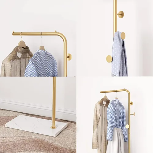 Vista 2 de Percheros de metal dorado, perchero de pie con base pesada, moderno árbol de abrigo con barra transversal y 3 ganchos, percheros de entrada