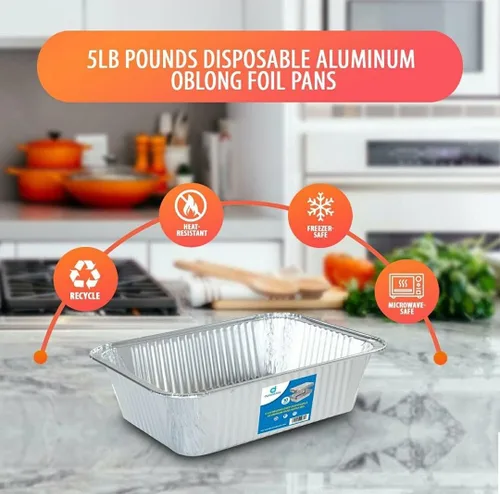 Vista 2 de Diplastible Bandejas de Aluminio Desechables Oblongas con Tapas - Paquete de 10 - Bandeja de 8.5 x 6 x 2.5 pulgadas de 5 libras con Cubiertas