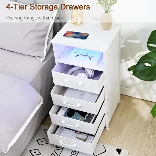 Vista 7 de LOAKEKEL Juego de 2 mesitas de noche altas con estación de carga para dormitorio con 4 cajones, mesa auxiliar LED con puertos USB y tomas, mesita