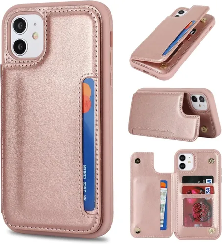 Vista 15 de iCoverCase Funda compatible con iPhone 11 con soporte para tarjetas, funda protectora de piel sintética para mujeres y hombres, bloqueo RFID, funda