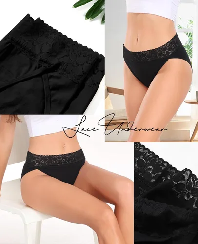 Vista 3 de RHYFF Ropa interior de algodón para mujer, calzones de bikini de corte alto, calzones elásticos de encaje hipster, calzoncillos para mujer, tallas