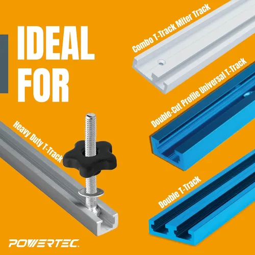 Vista 2 de POWERTEC 71070 Kit de perilla de pista en T con perilla de 5 estrellas, pernos roscados y arandelas 14-20, juego de 12 piezas, pernos de riel en T