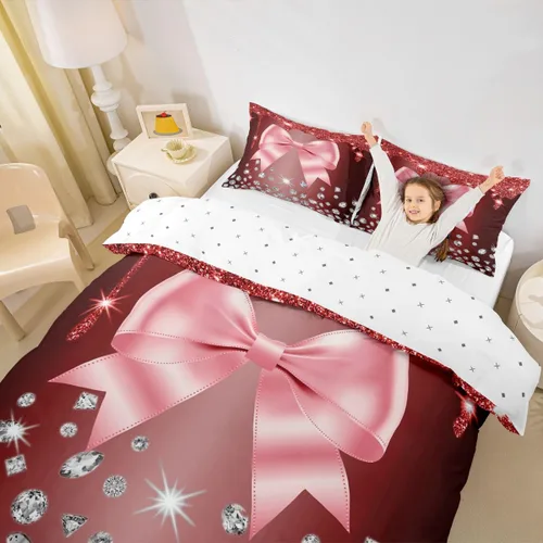 Vista 132 de Feelyou Coquette Bow Bedding Set Twin Size Leopared Bows Comforter Cover for Kids Teens Adults Glitter Diamond Blue Duvet Cover Cute Bowknot Room
