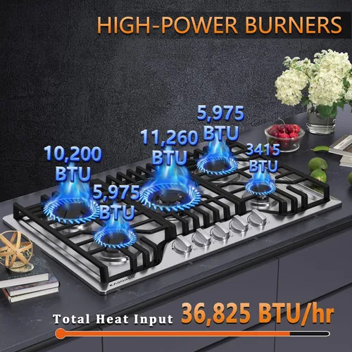 Vista 2 de Placa de cocina de gas de 30 pulgadas, estufa de gas integrada con 5 quemadores, cocinas convertibles NG/LPG, placa de cocina de propano de 5