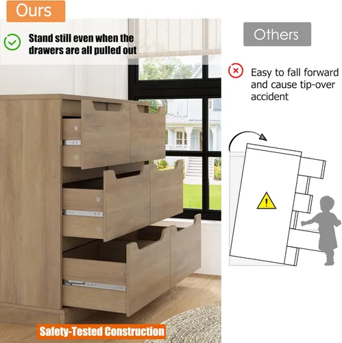 Vista 6 de Hostack - Cómoda moderna de 6 cajones para dormitorio, cómoda de madera doble con almacenamiento, organizador de almacenamiento grande con mango