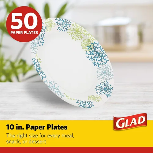Vista 3 de Glad Platos desechables redondos de papel, patrón de hortensia azul - Platos decorativos fuertes, resistentes, impermeables y aptos para microondas
