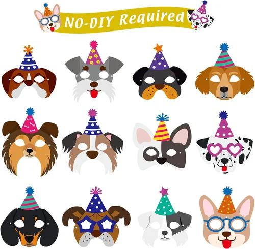 12 máscaras y guirnaldas de cumpleaños para perros, divertidas máscaras de papel para decoración de fiestas temáticas de perros, pancarta de