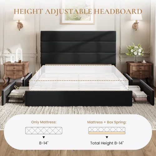Vista 9 de SHA CERLIN Base de cama de plataforma de tamaño matrimonial con 4 cajones de almacenamiento, cabecera tapizada de terciopelo, base de colchón