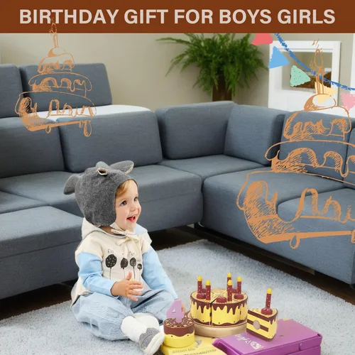 Vista 6 de Comida de juego de simulación para niños pequeños de 2 a 5 años, pastel falso de cumpleaños de madera con velas y números, fiesta de té, juguetes