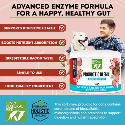 Vista 2 de Only Natural Pet Suplemento probiótico para perros y gatos, fórmula enzimática para la salud digestiva y intestinal, masticables digestivos