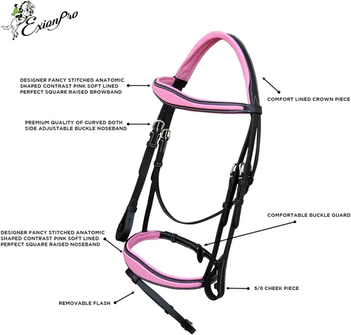 Vista 4 de Exion Brida inglesa rosa para caballos Brida inglesa anatómica de banda nasal y banda de frente brida inglesa con flash y rines de goma.