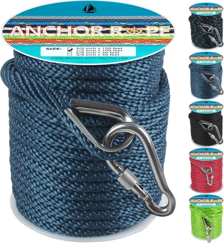 Vista 44 de Cuerda de anclaje de 1/2 pulgada y 50 pies, cuerda de anclaje para barco, trenza sólida MFP, línea de anclaje con dedal de acero inoxidable 316