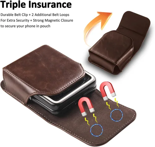 Vista 4 de Funda para Samsung Galaxy Z Flip 7/6/5, funda de cuero premium para teléfono con clip para cinturón funda para cinturón para Motorola Razr Plus, Café