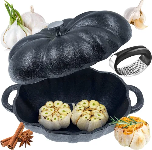 Asador de ajo, horno de hierro fundido pre-sazonado, horno de ajo y prensas de ajo para cocina, cacerola de sopa de calabaza, parrilla de barbacoa,